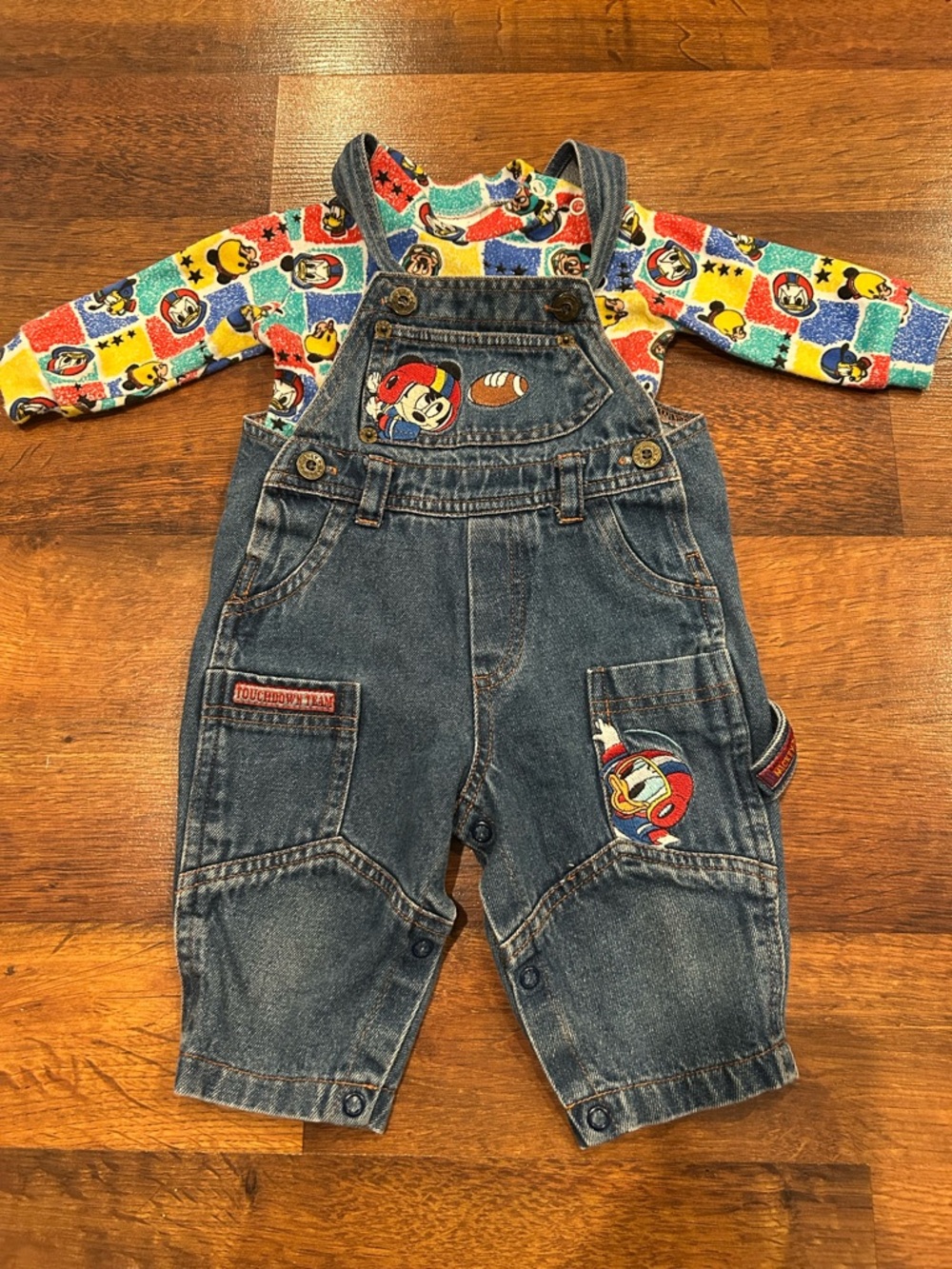 VTG Disney Babies Mickey Mouse Football Overalls and Shirt Size 6/9 Months
